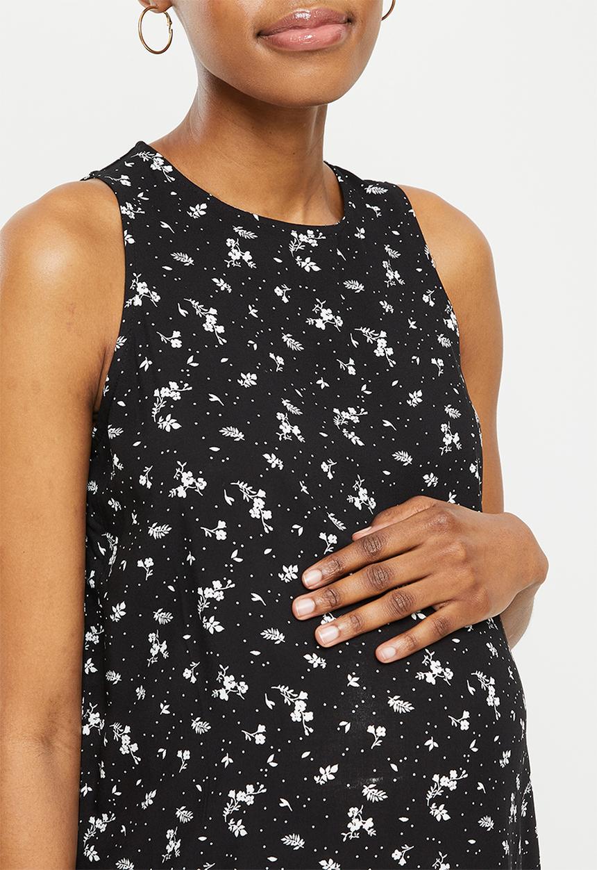 edit Maternity - Maternity highneck trapeze dress - black based spot floral