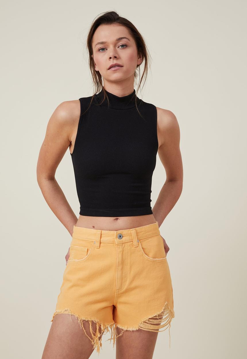Cotton On - High mom denim short - creamy orange ripped
