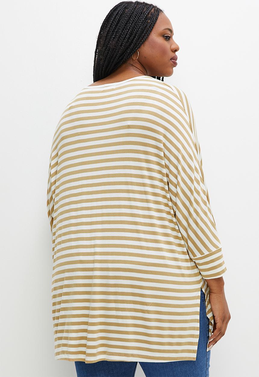 edit Plus - V-neck striped longline tee - stone stripe