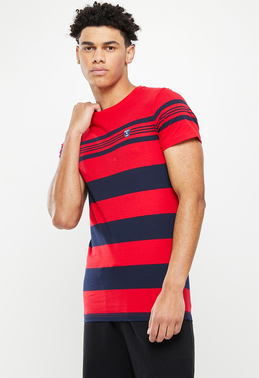 SOVIET - M emmet crew neck y/dye stripe tee - red & navy 