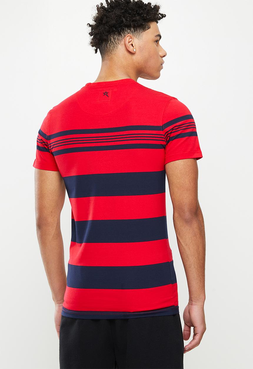 SOVIET - M emmet crew neck y/dye stripe tee - red & navy 