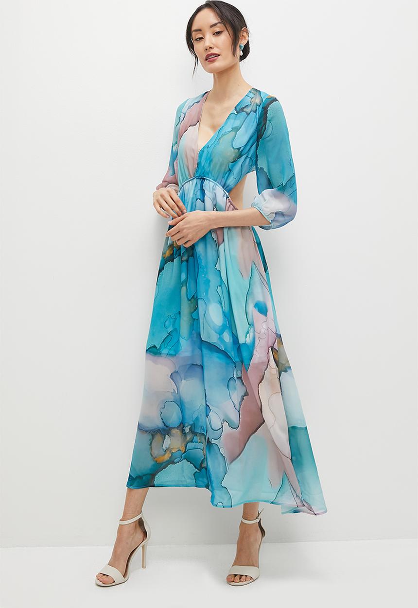MILLA - Cut out back detail circle midi dress - blue tie dye watercolour