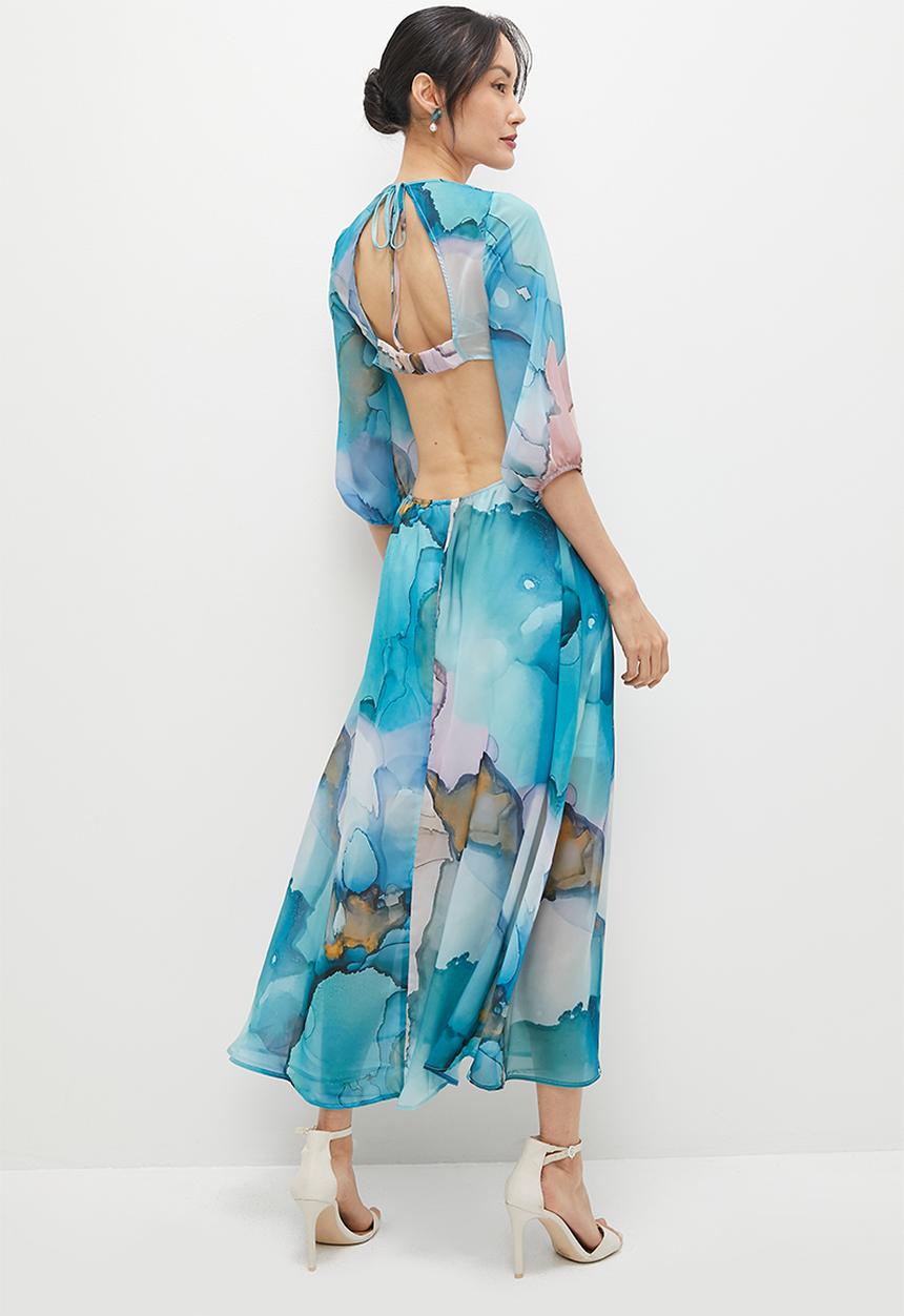 MILLA - Cut out back detail circle midi dress - blue tie dye watercolour
