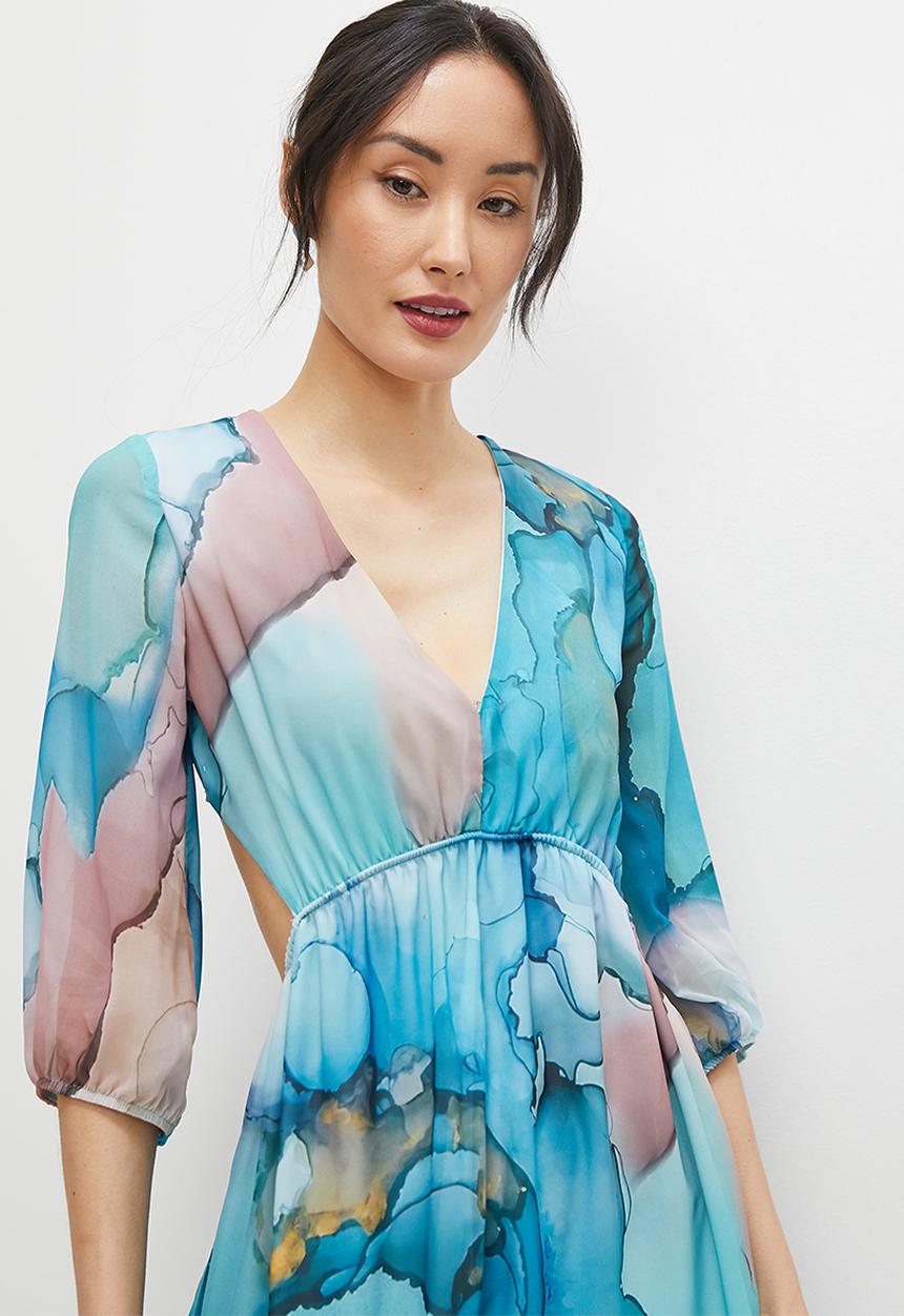 MILLA - Cut out back detail circle midi dress - blue tie dye watercolour