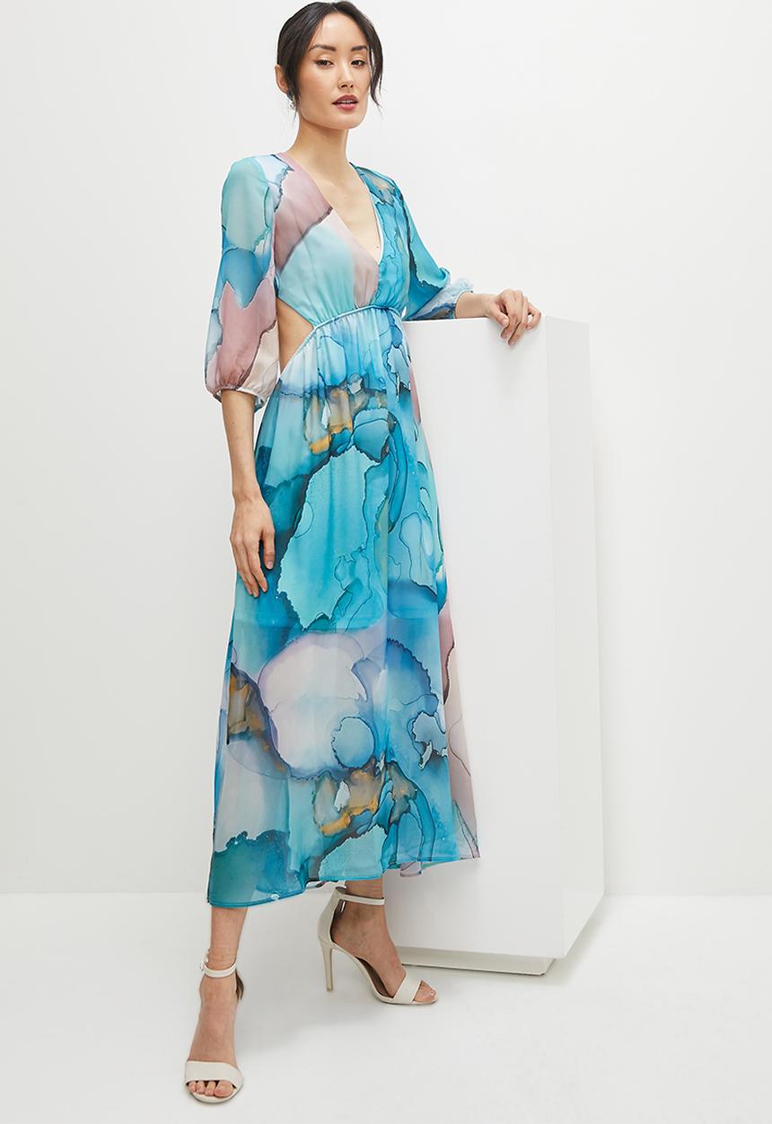 MILLA - Cut out back detail circle midi dress - blue tie dye watercolour