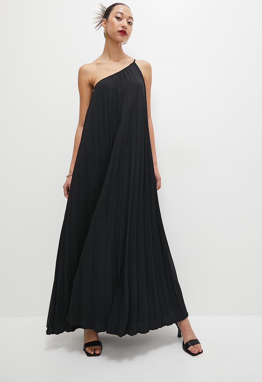 VELVET - Pleated asymmetric maxi dress - black
