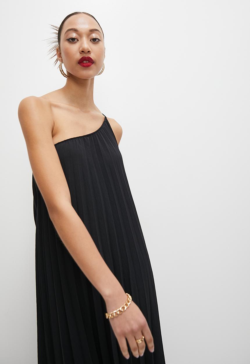 VELVET - Pleated asymmetric maxi dress - black