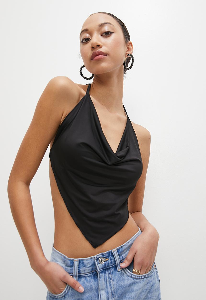 VELVET - Strappy slinky hanky top - black