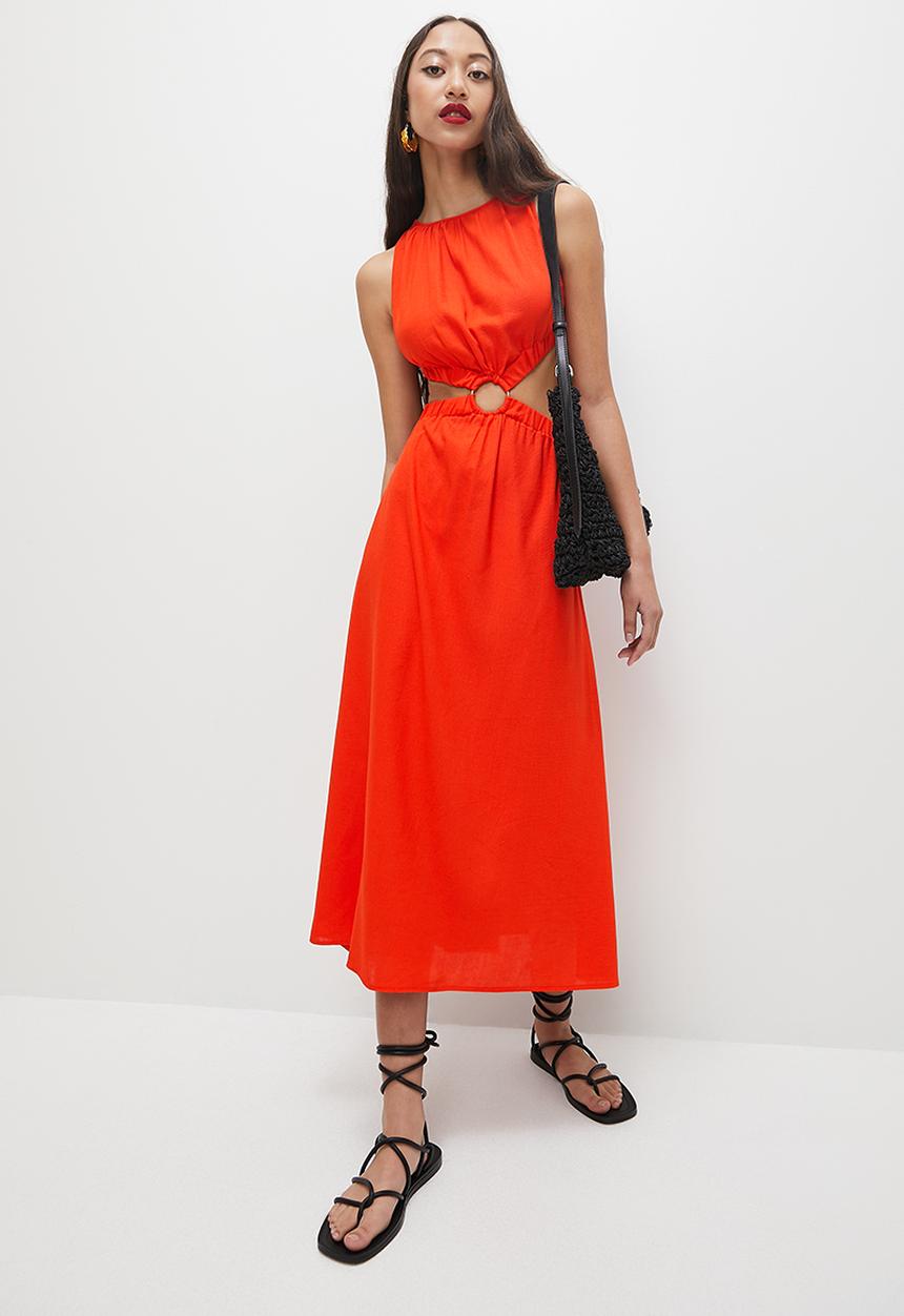 VELVET - Cut out midi dress with ring detail - orange
