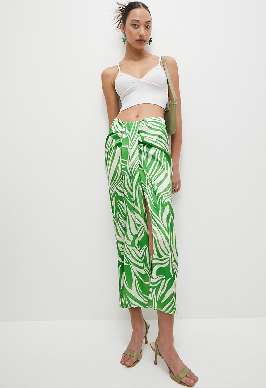 VELVET - Printed satin wrap over skirt - animal mono green