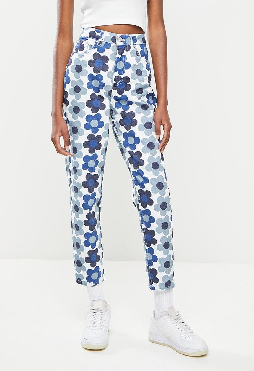 Trendyol - Printed yüksel waist slim flare jeans - blue & white
