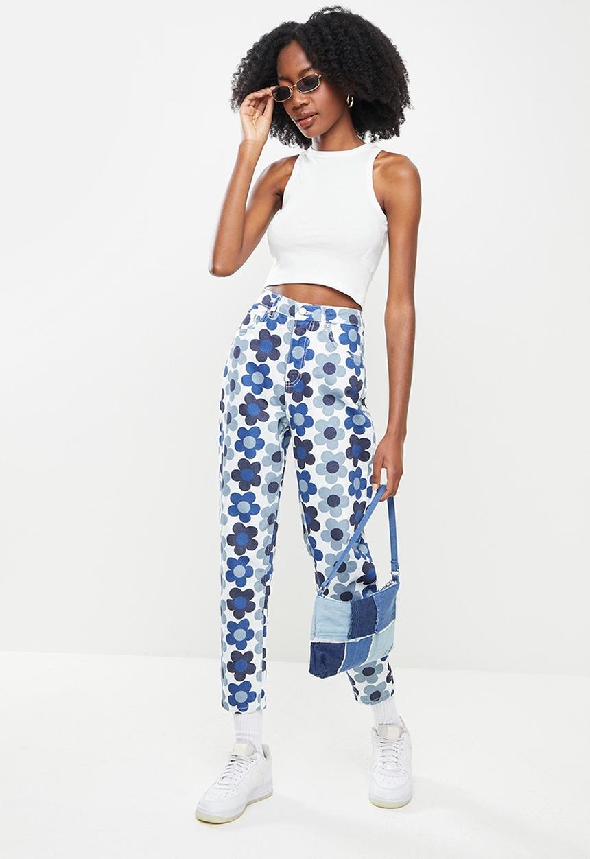 Trendyol - Printed yüksel waist slim flare jeans - blue & white