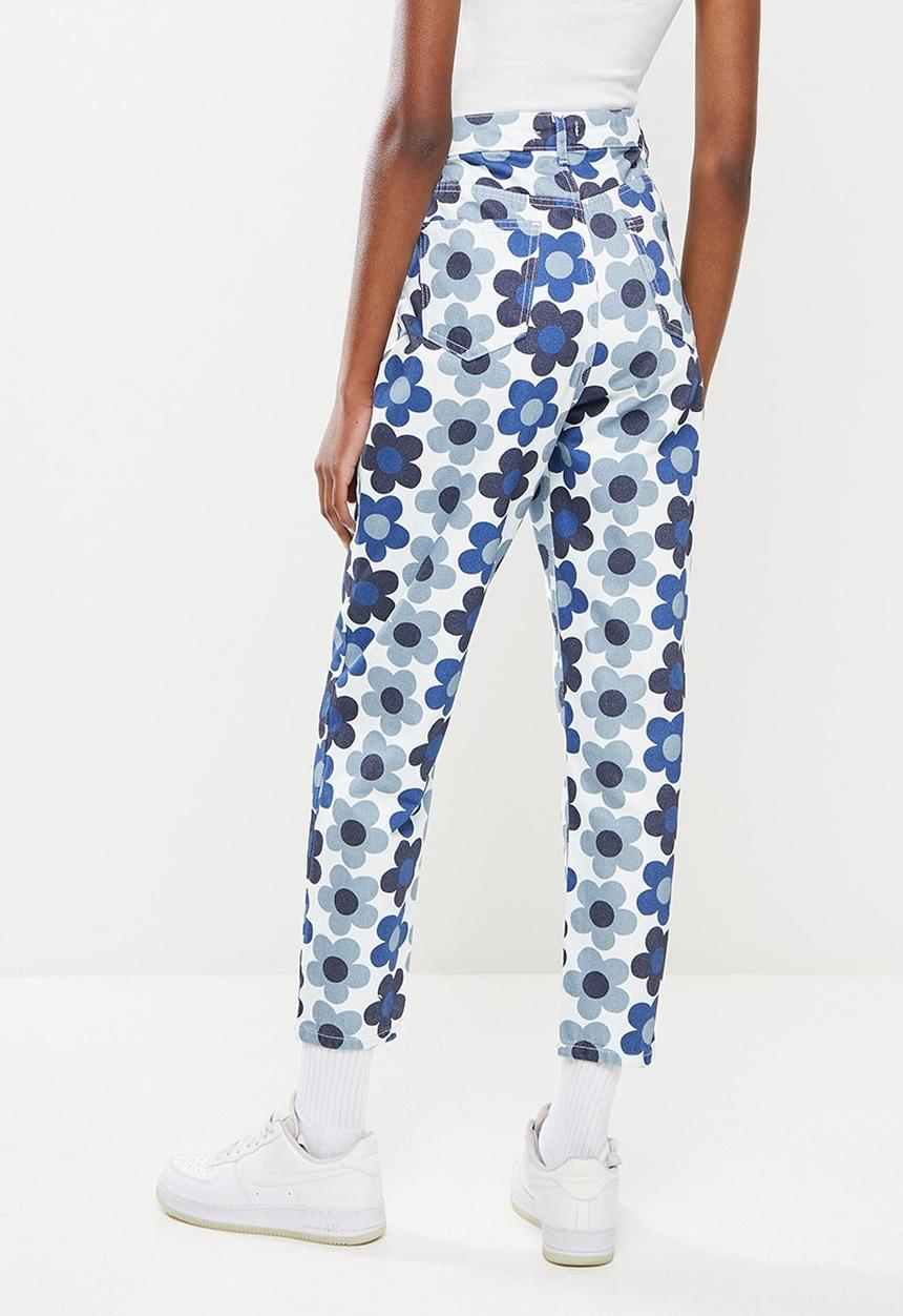 Trendyol - Printed yüksel waist slim flare jeans - blue & white