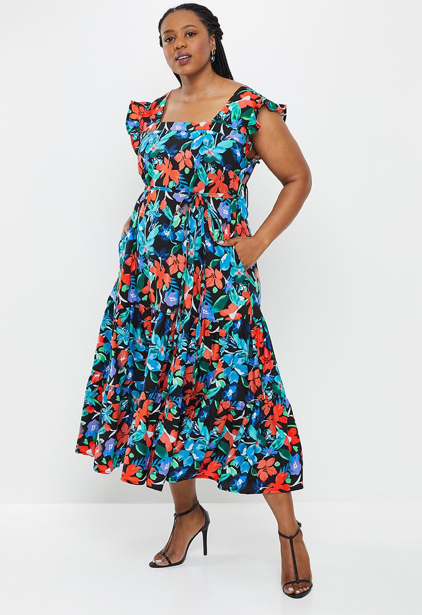 AMANDA LAIRD CHERRY - Plus cubhu dress -  black, red, blue & green floral