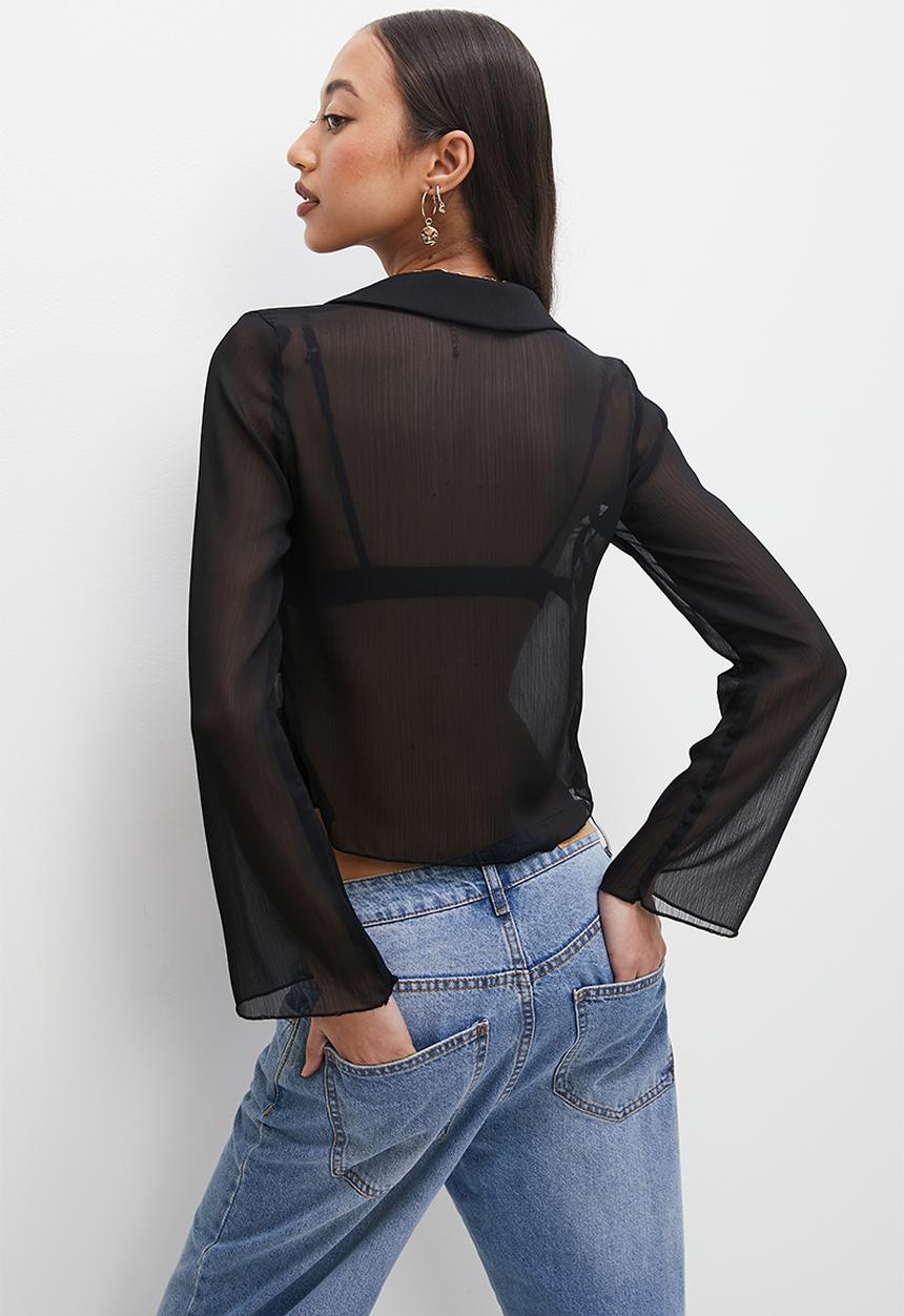 VELVET - Tie front relaxed blouse - black