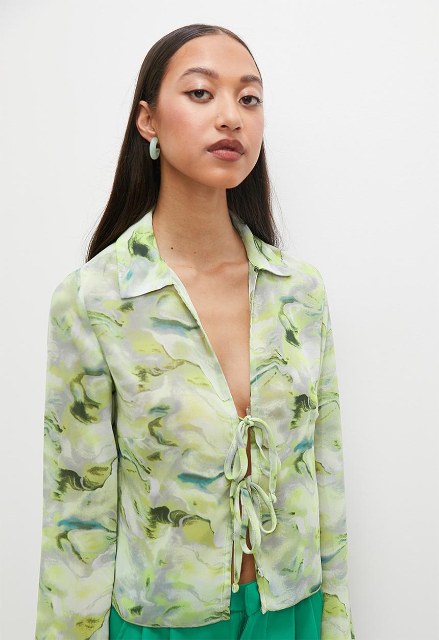VELVET - Printed tie front relaxed blouse - green 
