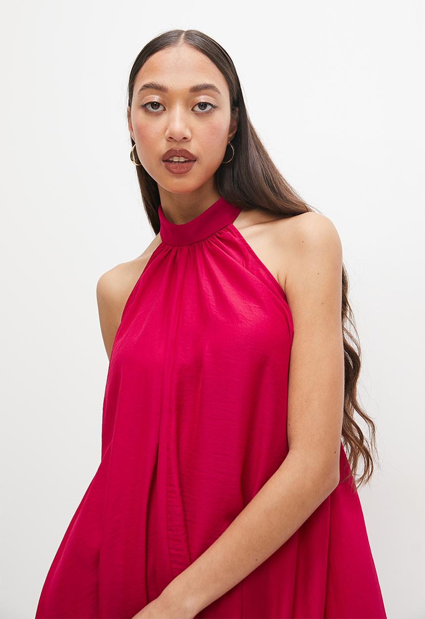 VELVET - Satin halter mini trapeze - red