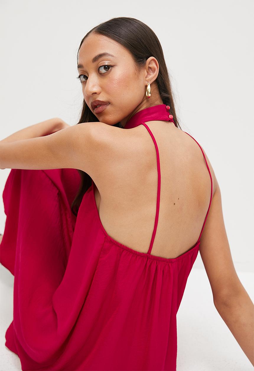 VELVET - Satin halter mini trapeze - red
