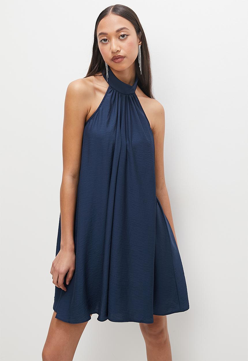 VELVET - Satin halter mini trapeze - navy