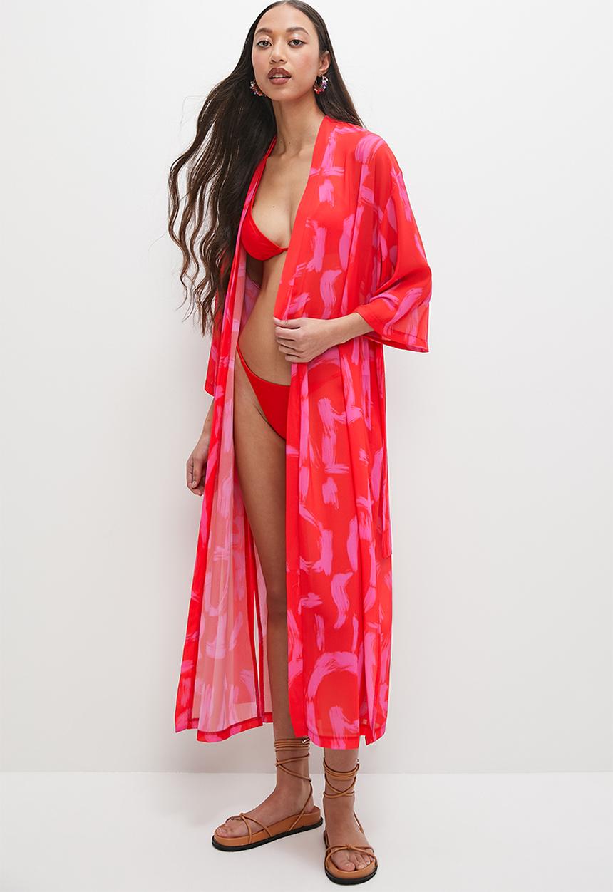 Superbalist - Midi cover up with belt - graphic pink & red print