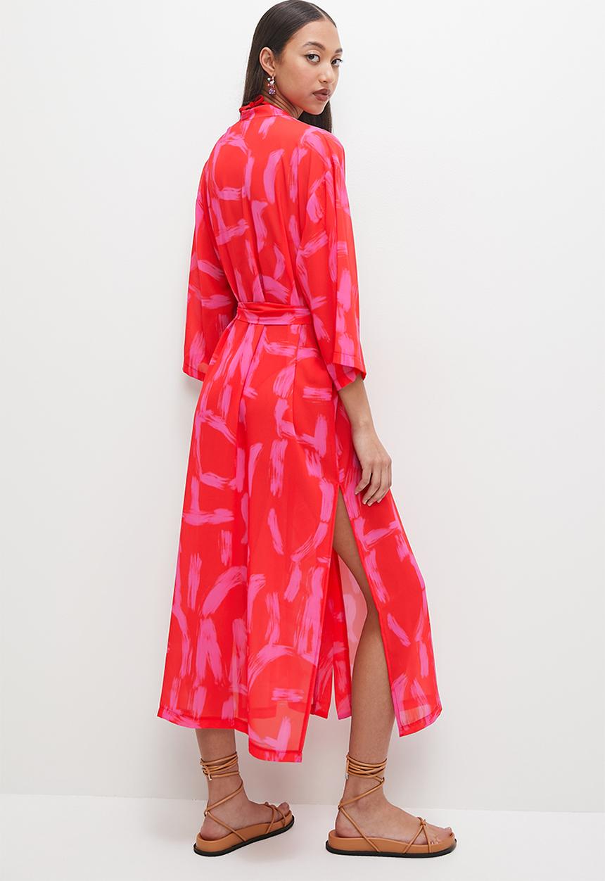 Superbalist - Midi cover up with belt - graphic pink & red print