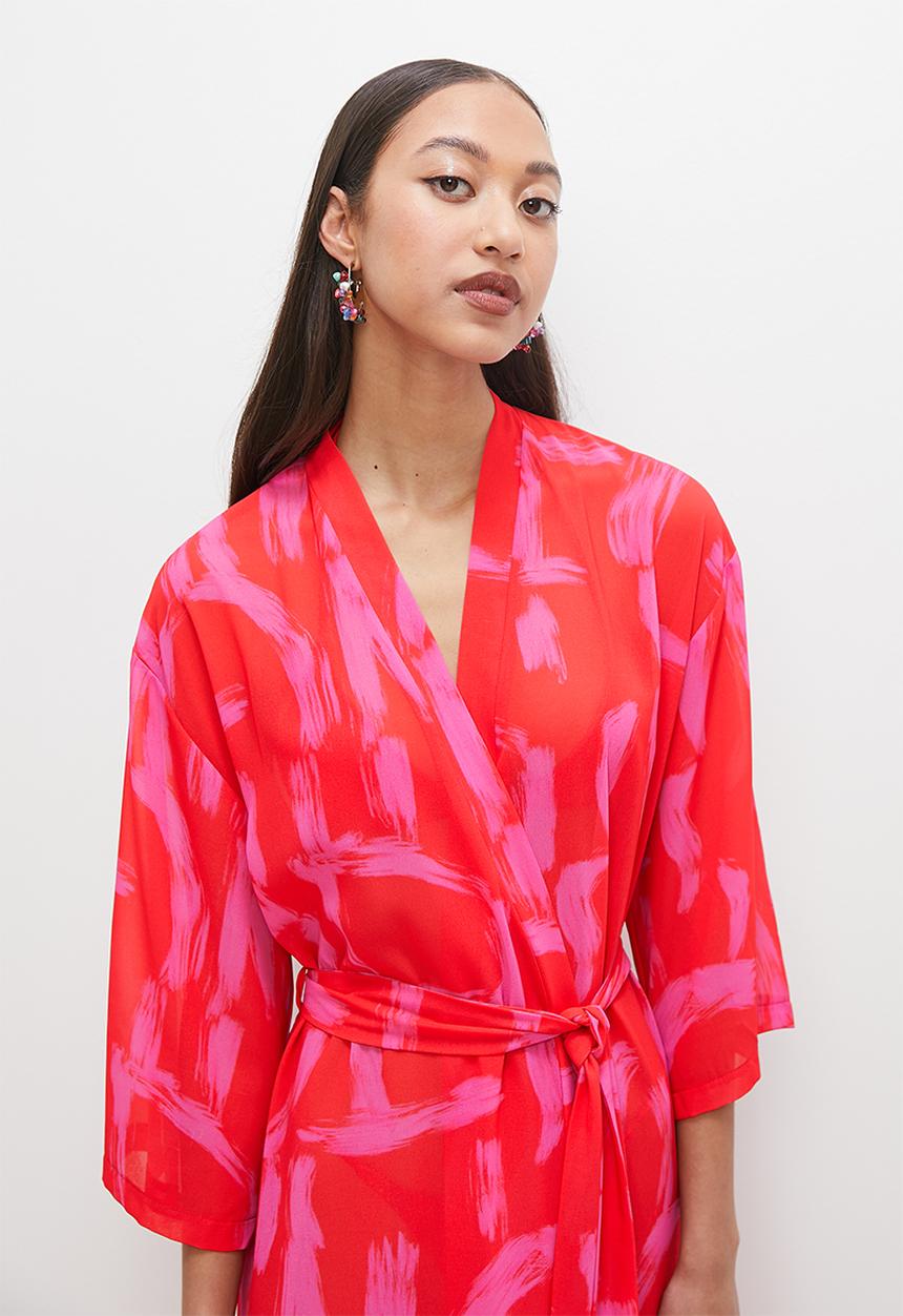 Superbalist - Midi cover up with belt - graphic pink & red print