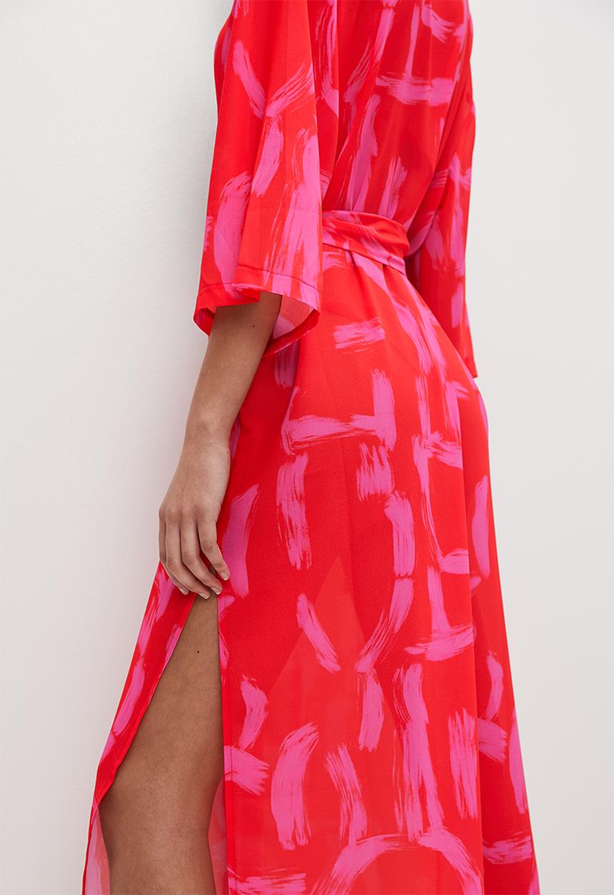 Superbalist - Midi cover up with belt - graphic pink & red print