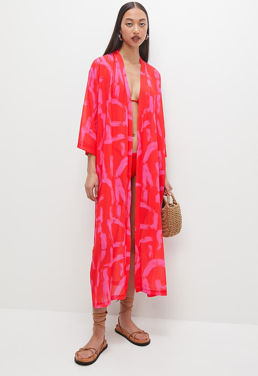 Superbalist - Midi cover up with belt - graphic pink & red print