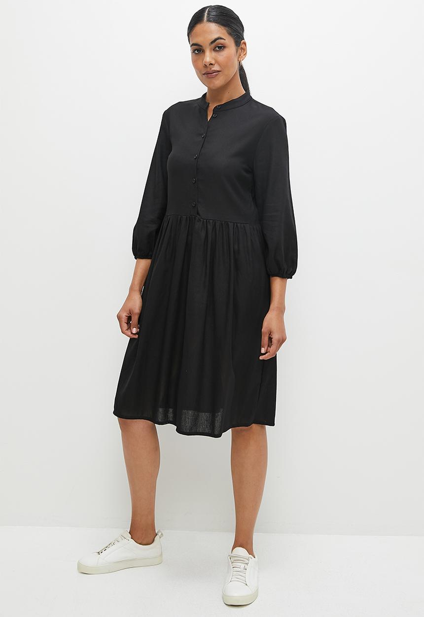 edit - Linen mandarin collar tiered dress - black