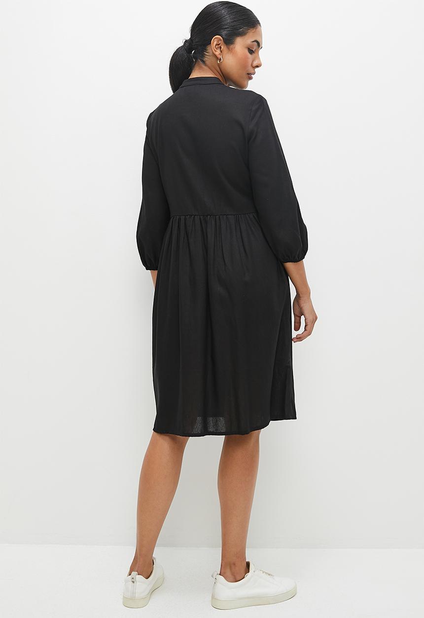 edit - Linen mandarin collar tiered dress - black