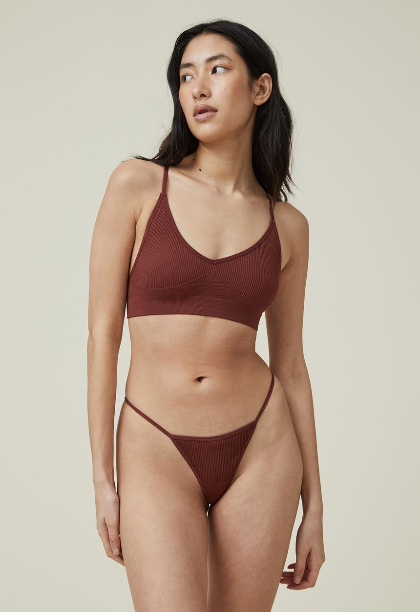 Cotton On - Seamless rib tanga g string brief - brandy brown