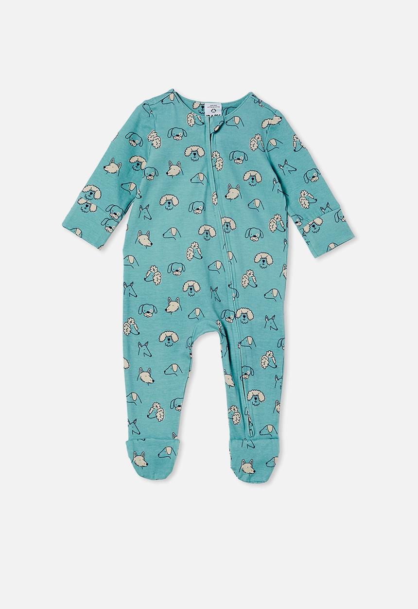 Cotton On - The long sleeve zip romper - rusty aqua/tiny wiggy pups