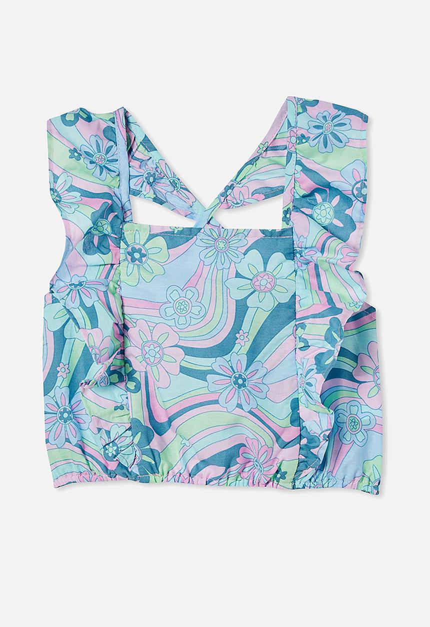 Cotton On - Maggie frill top - washed spearmint & sky haze hendricks floral