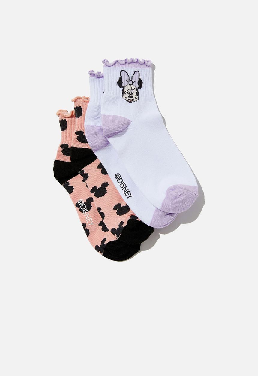 Cotton On - 2 Pack lcn mid crew frill sock - lcn dis mickey/pinky