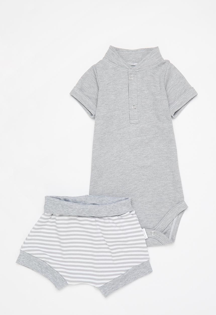 Little Lumps - Tab onesie & shorts - grey & grey stripe