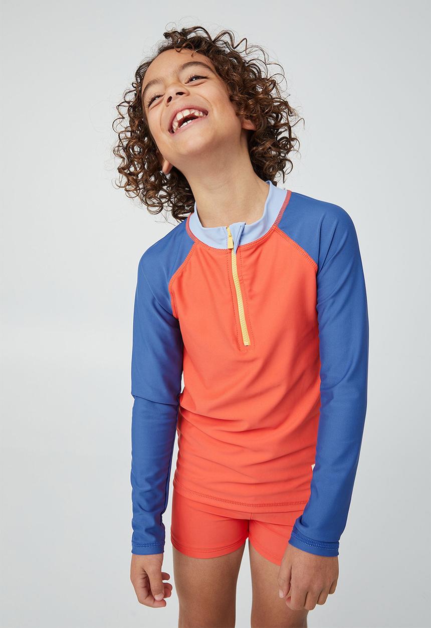 Cotton On - Flynn long sleeve zip thru rash vest - orange & blue 