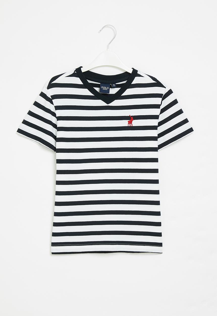 POLO - Boys striped v-neck tee - navy & white 