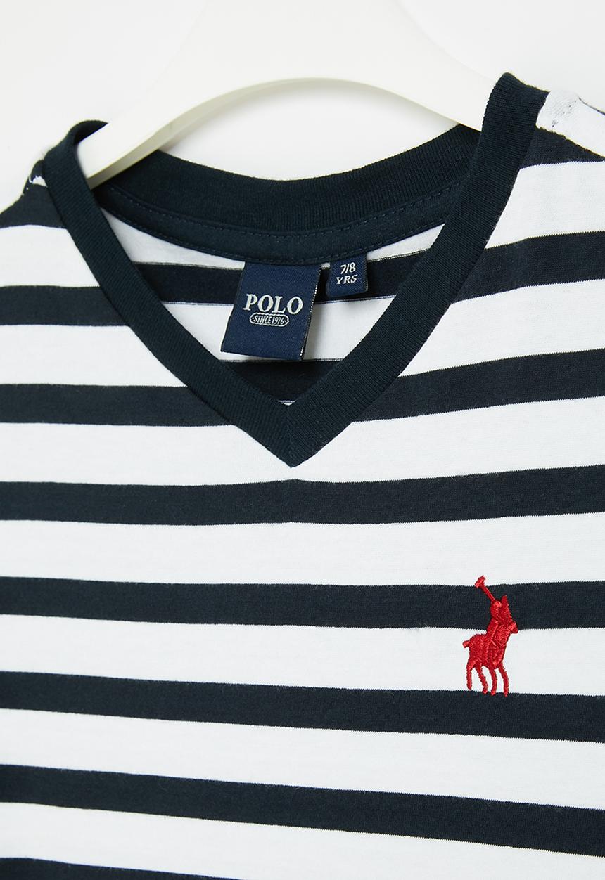 POLO - Boys striped v-neck tee - navy & white 