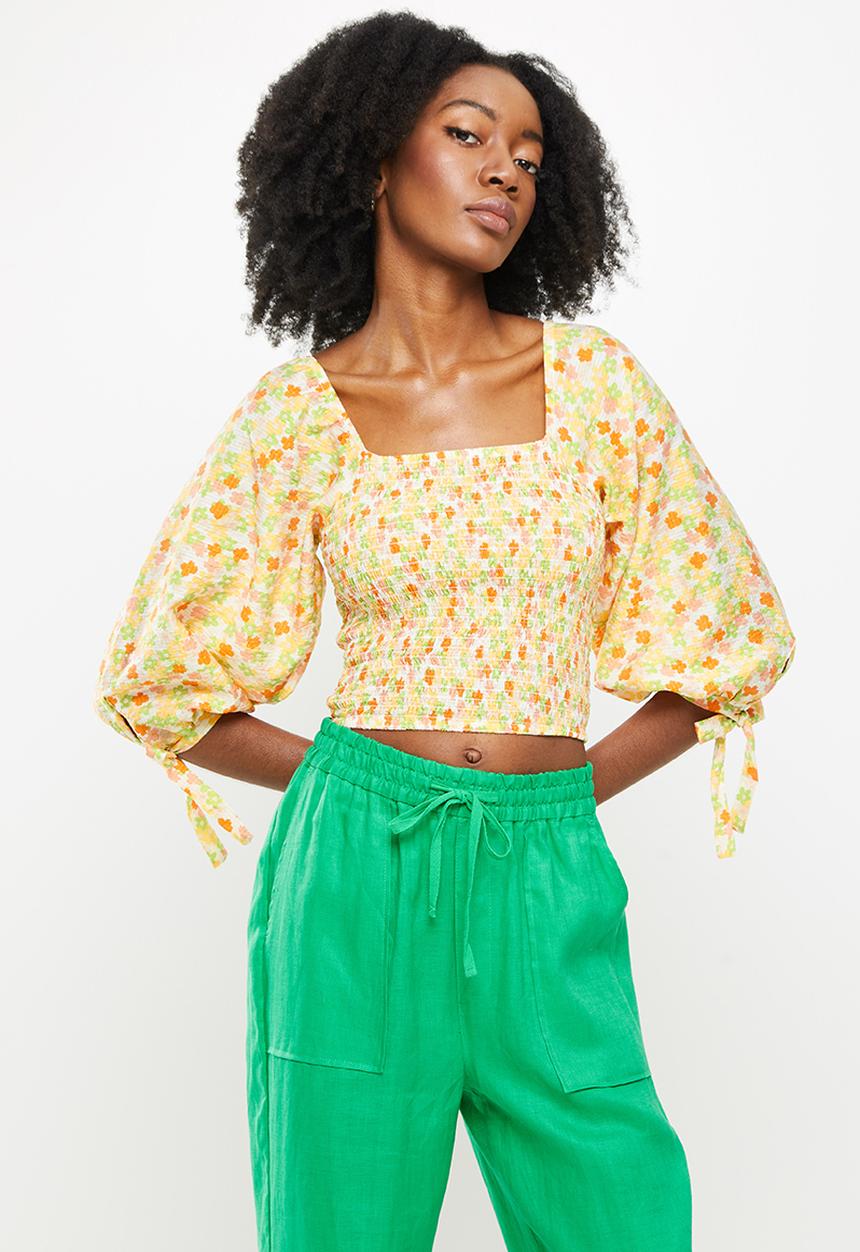 Me&B - Shirring bodice top with tie detail top  - multi 