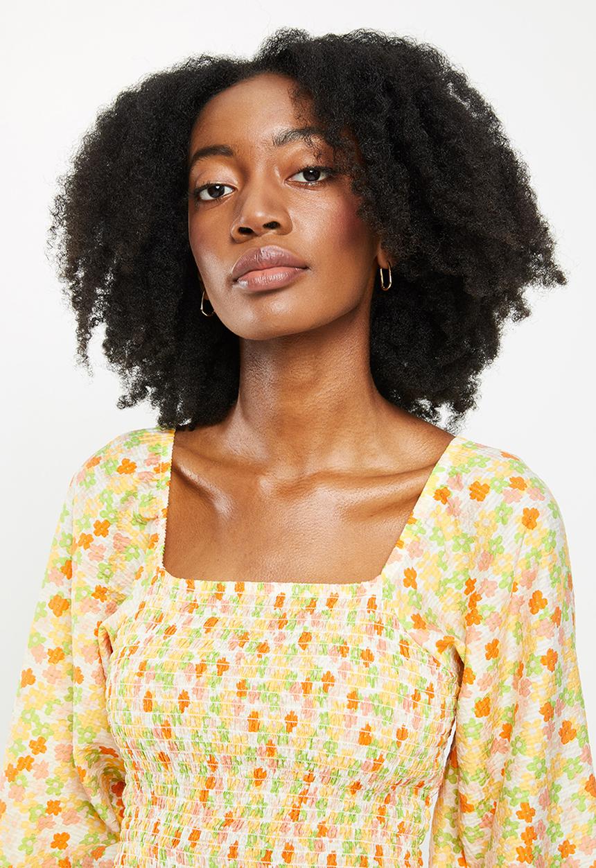 Me&B - Shirring bodice top with tie detail top  - multi 