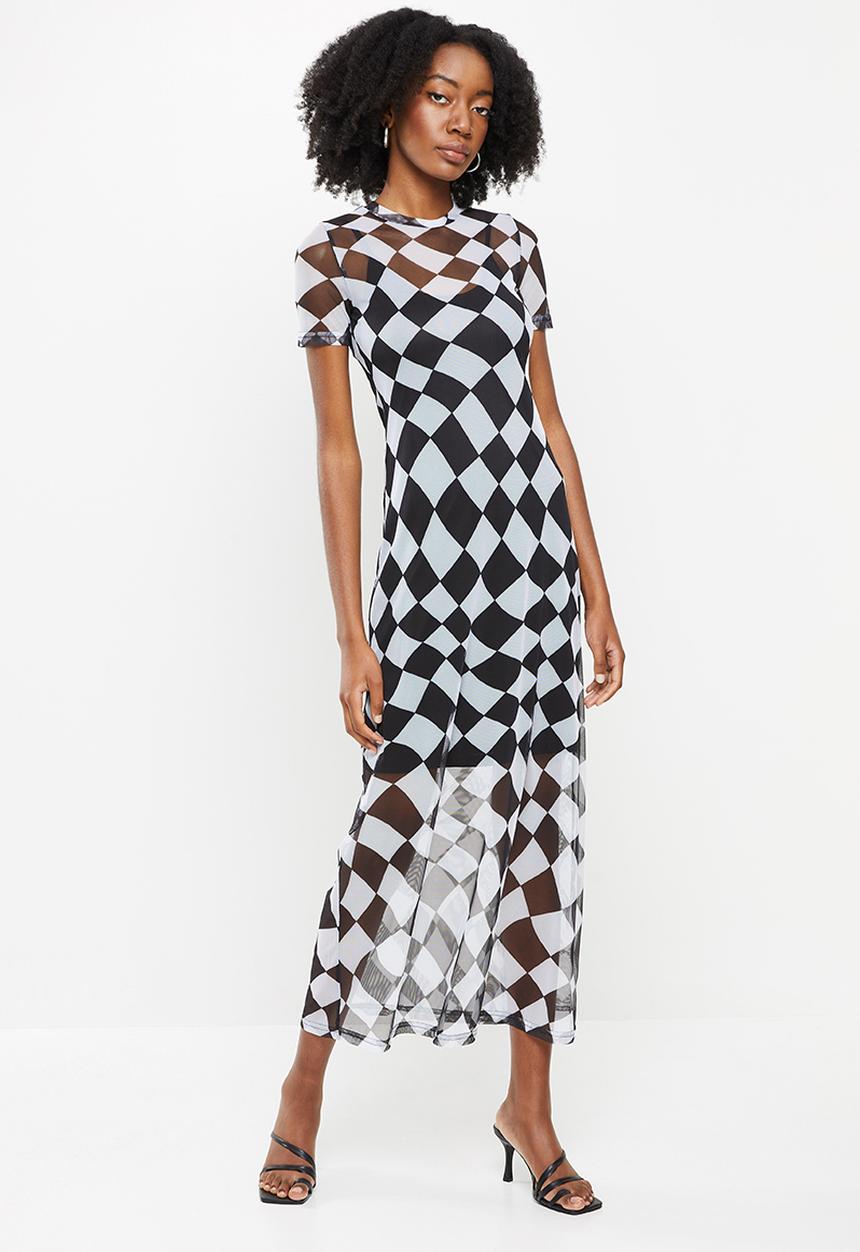 Me&B - Maxi side slits mesh dress - black & white 