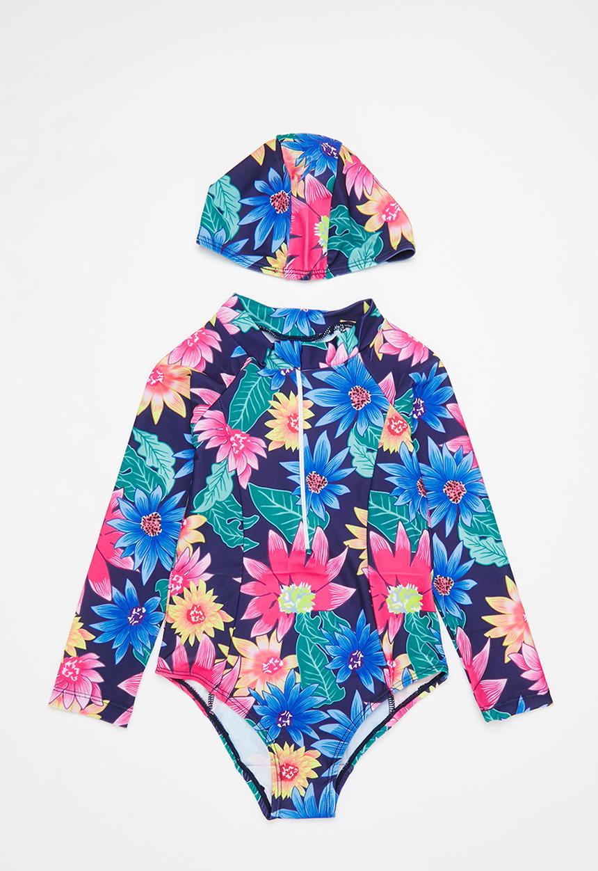 Pop Candy - Girls flower printed swimsuit & hat set - multi
