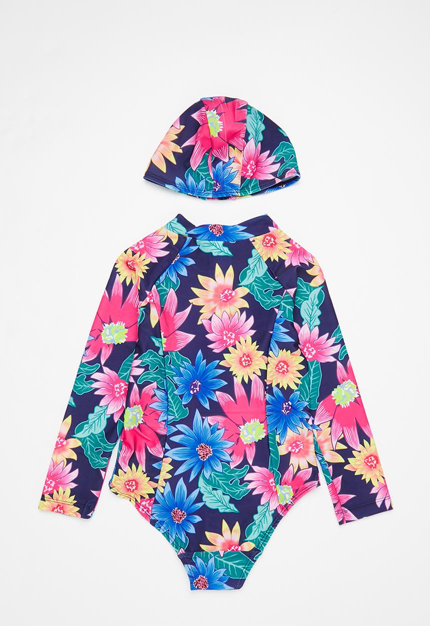Pop Candy - Girls flower printed swimsuit & hat set - multi