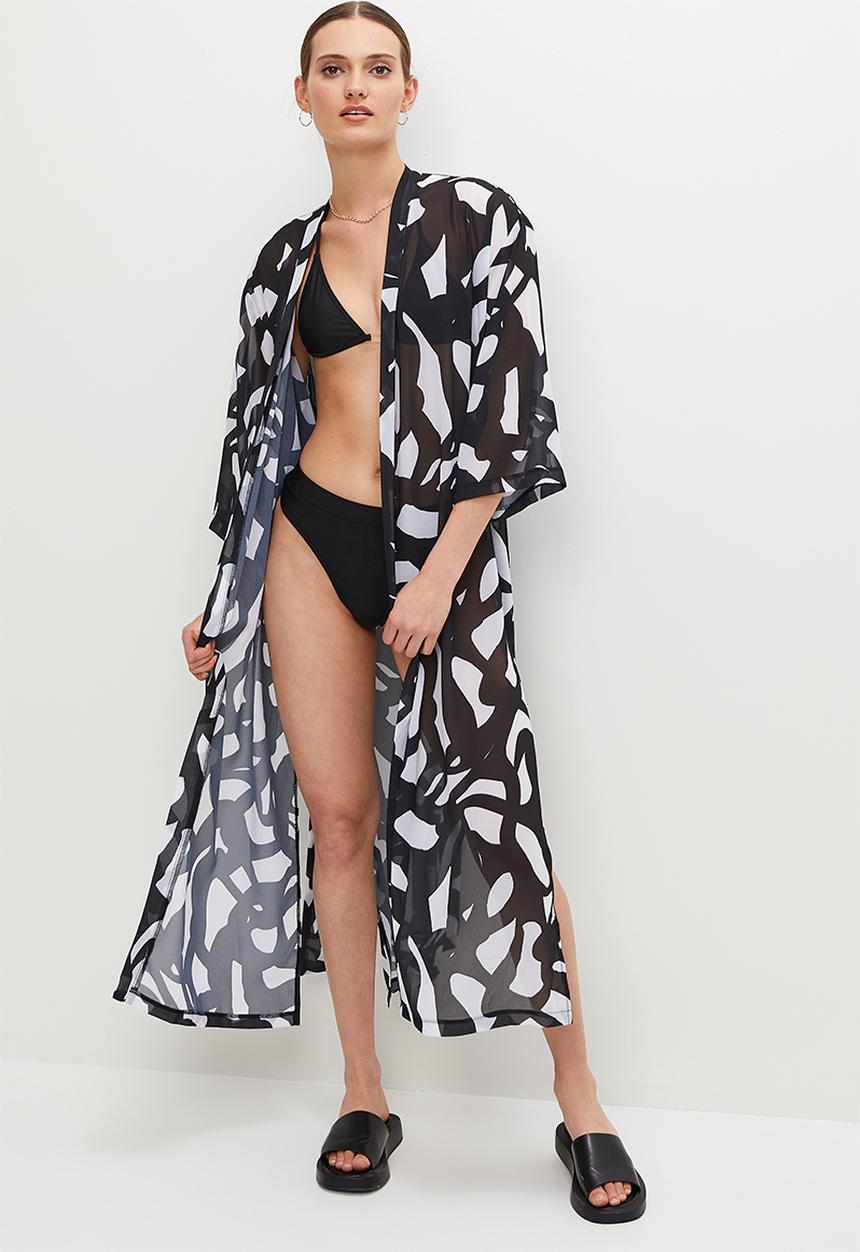 Superbalist - Midi cover up with belt - black bold graphic print
