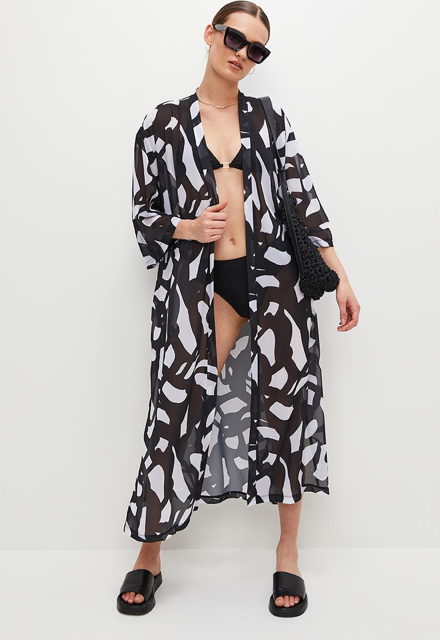 Superbalist - Midi cover up with belt - black bold graphic print