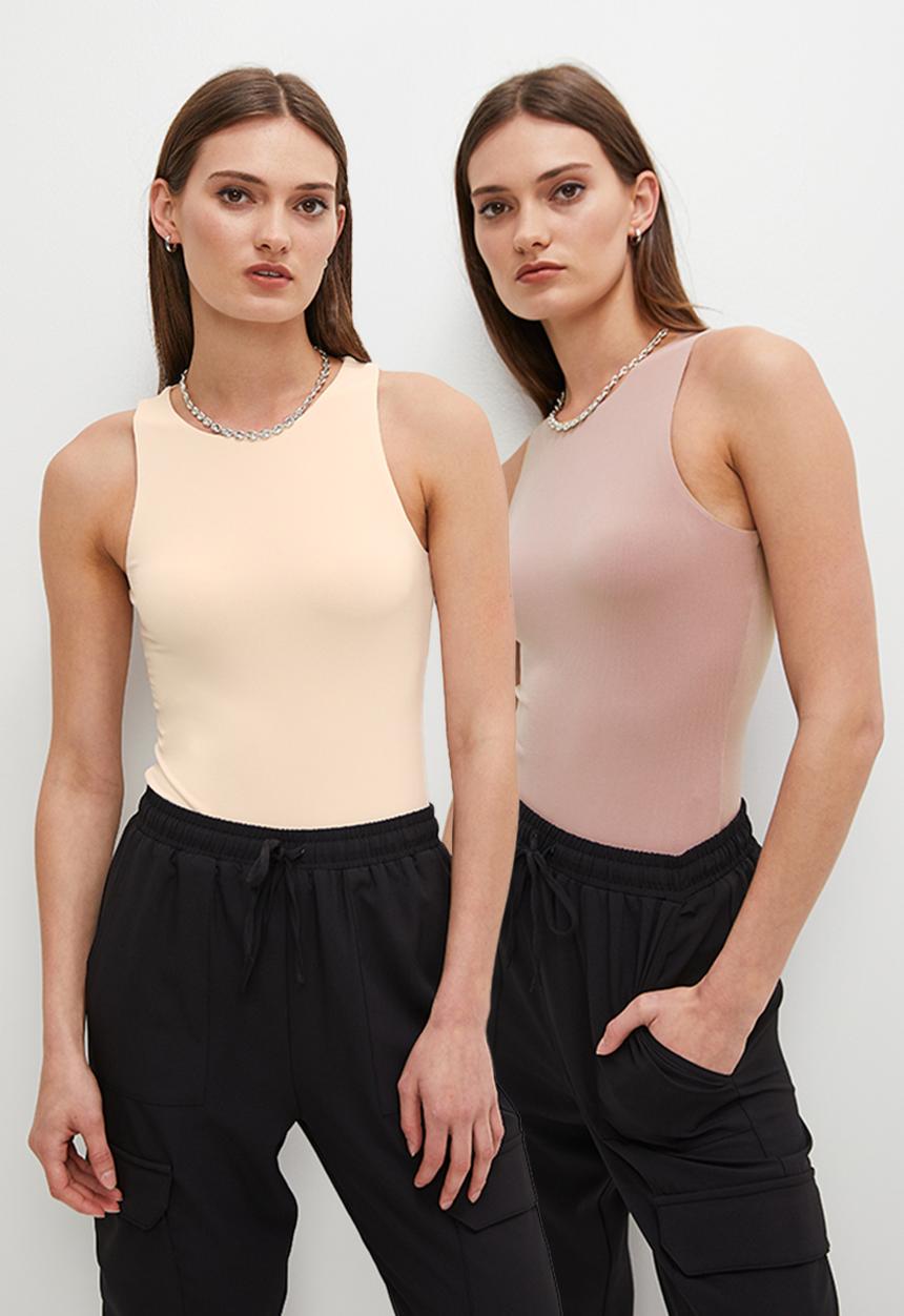 Superbalist - 2 pack crew neck cutaway bodysuit - mocha & stone