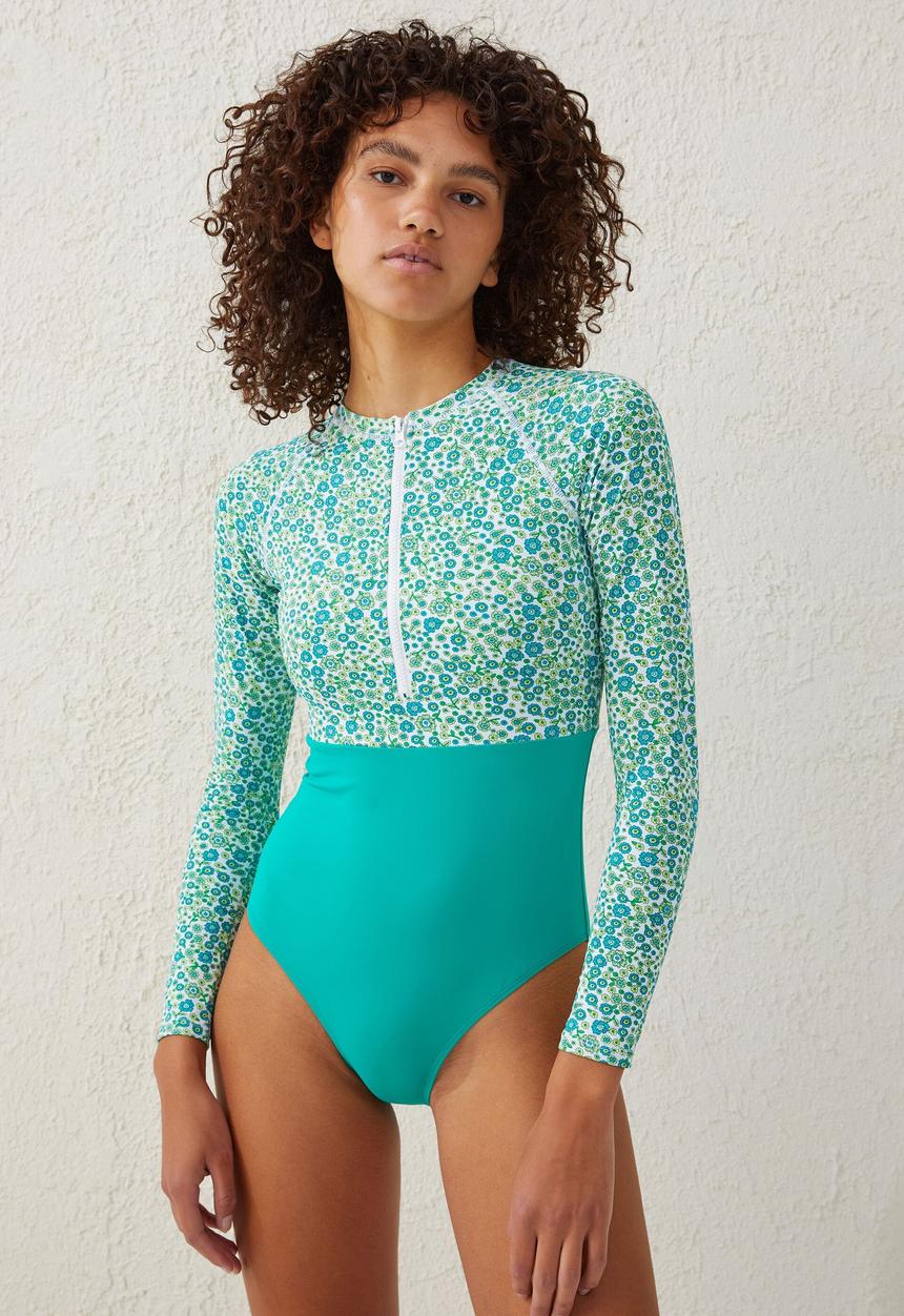 Cotton On - Zip front one piece full - retro ditsy/emeral teal