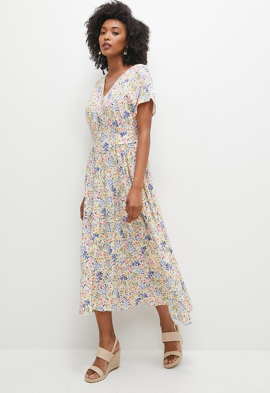 MILLA - Grown on sleeve button down midi dress - cream floral