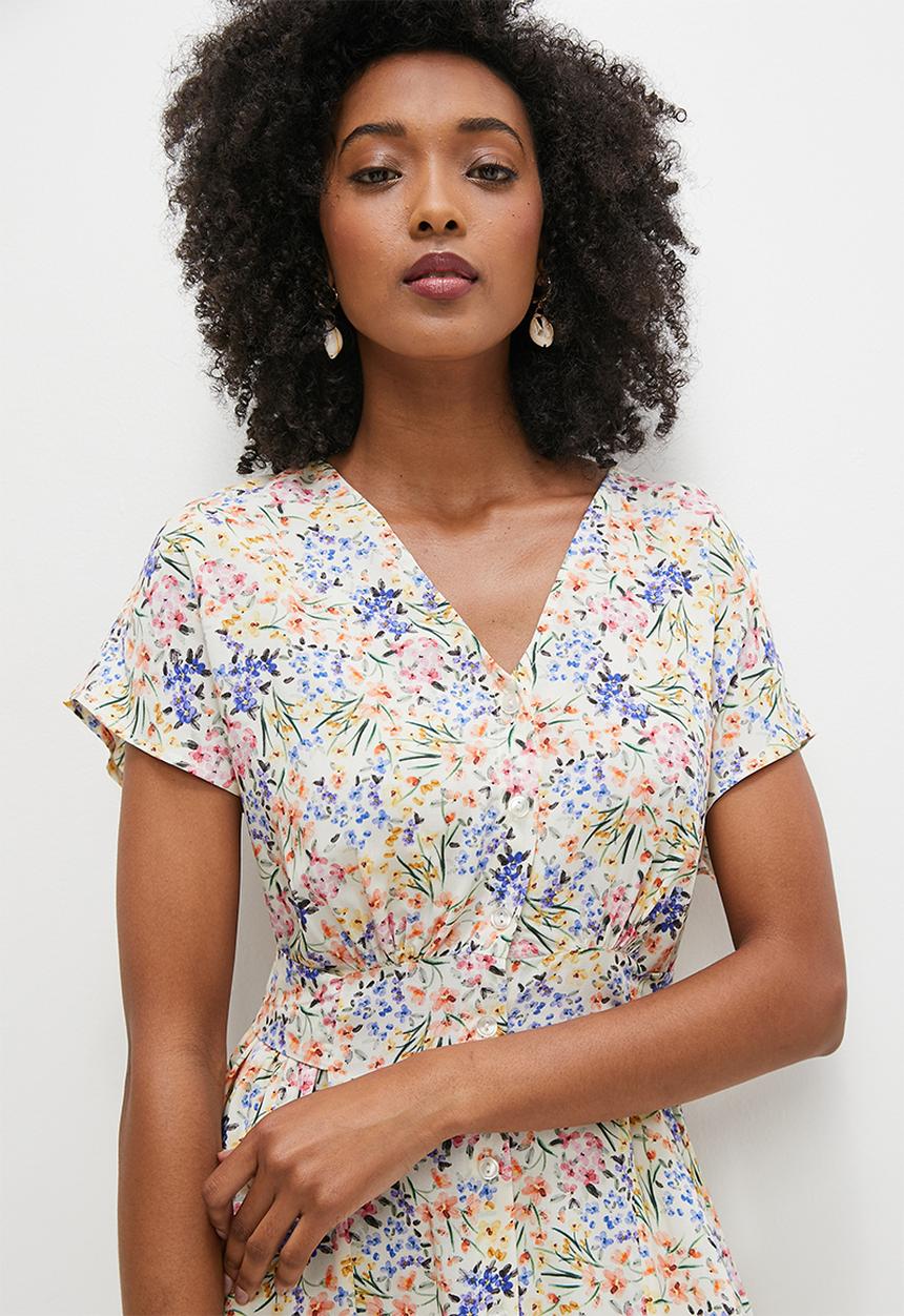 MILLA - Grown on sleeve button down midi dress - cream floral
