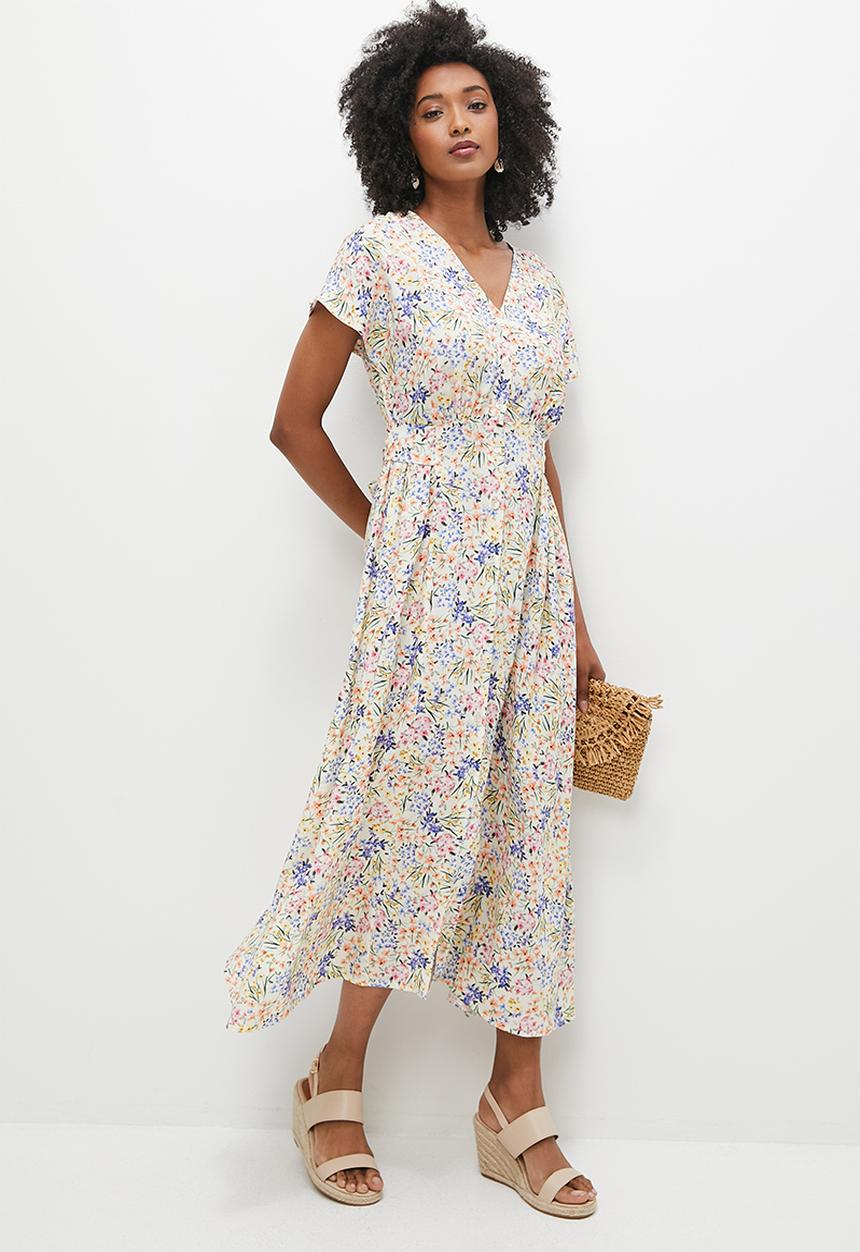 MILLA - Grown on sleeve button down midi dress - cream floral